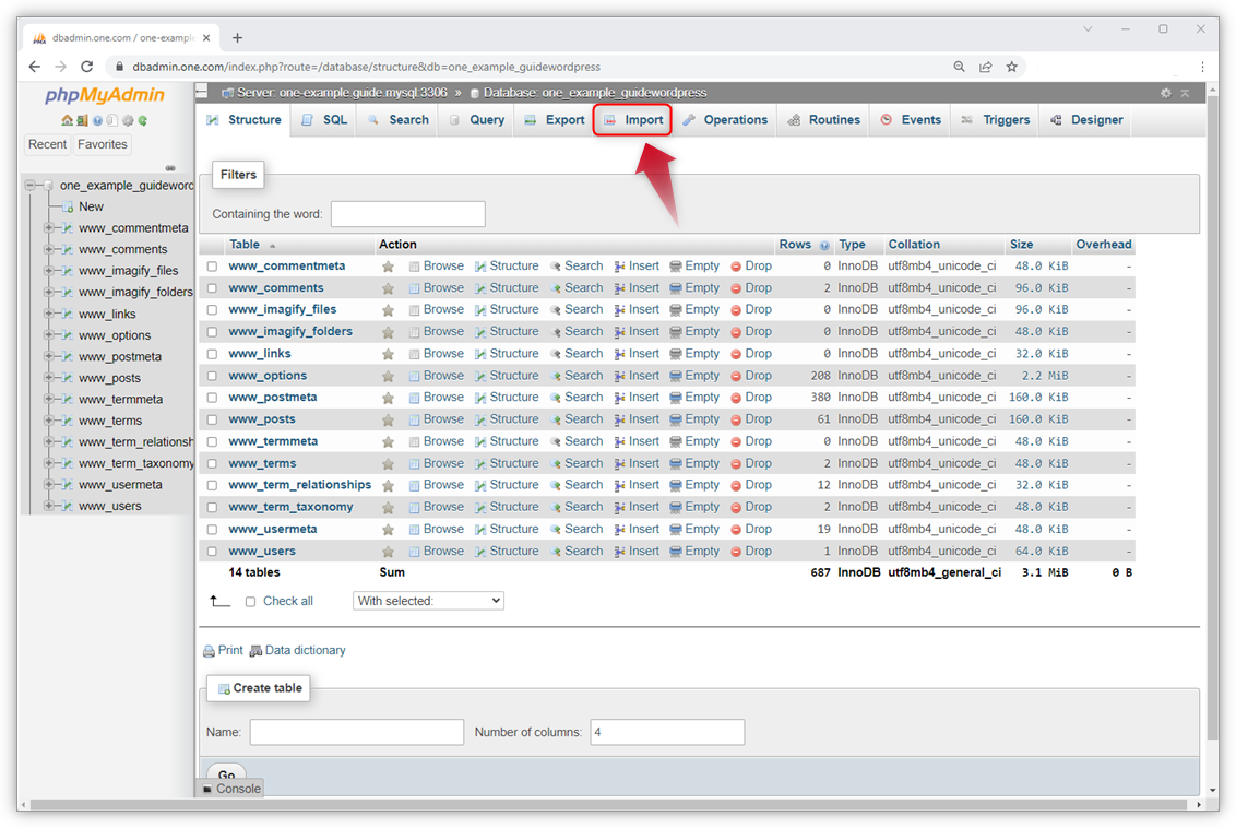 Importazione del database