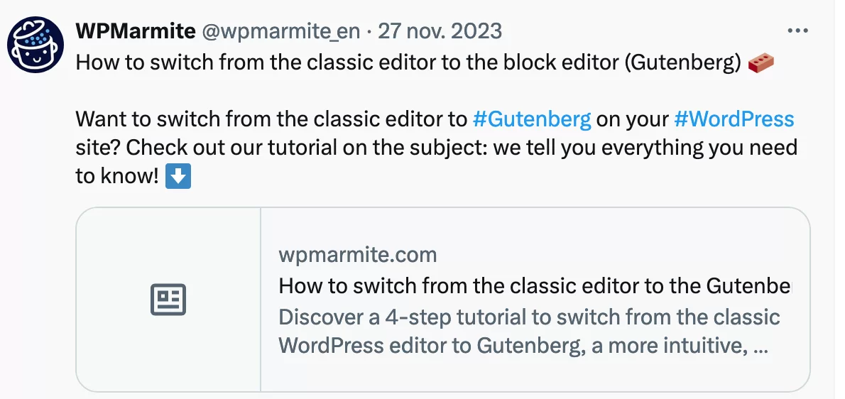 Compartiendo una publicación de blog en la cuenta X de WPMarmite.