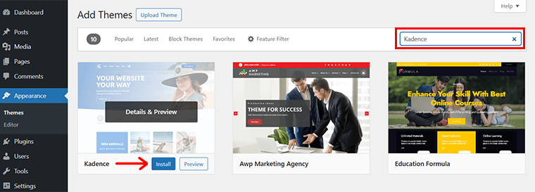 Căutați și instalați tema Kadence