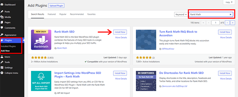 Căutați și instalați pluginul Rank Math