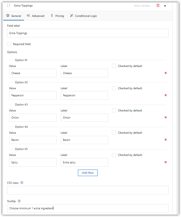 Configurações gerais para o campo de produto personalizado