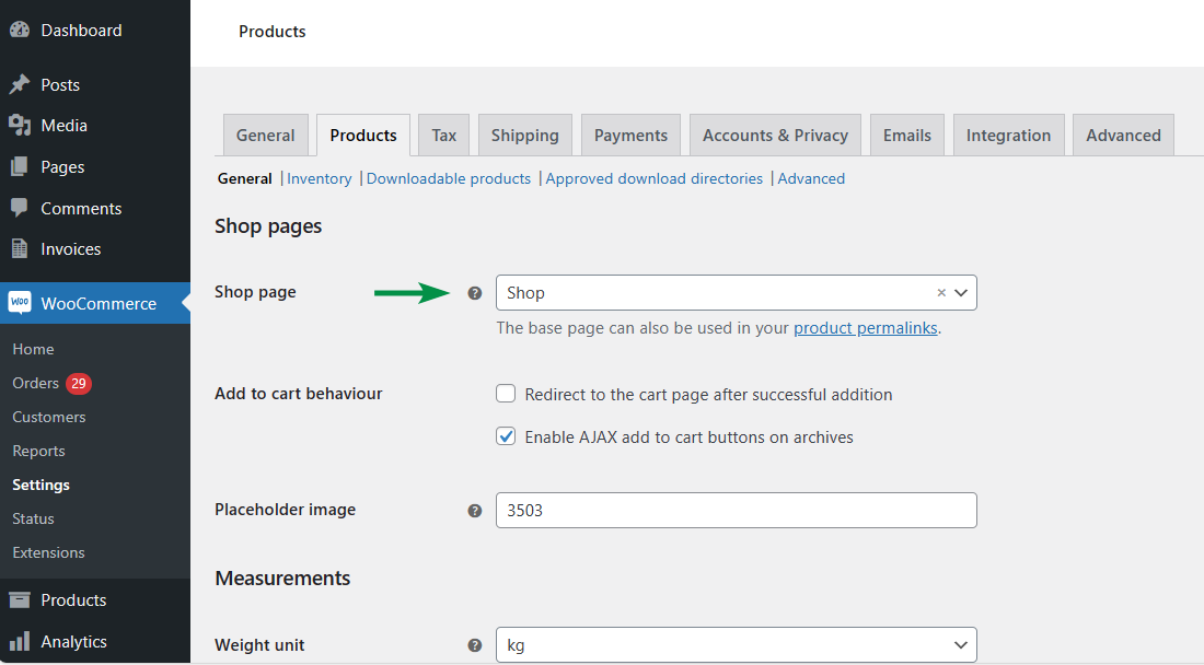 Configurações básicas da página da loja WooCommerce