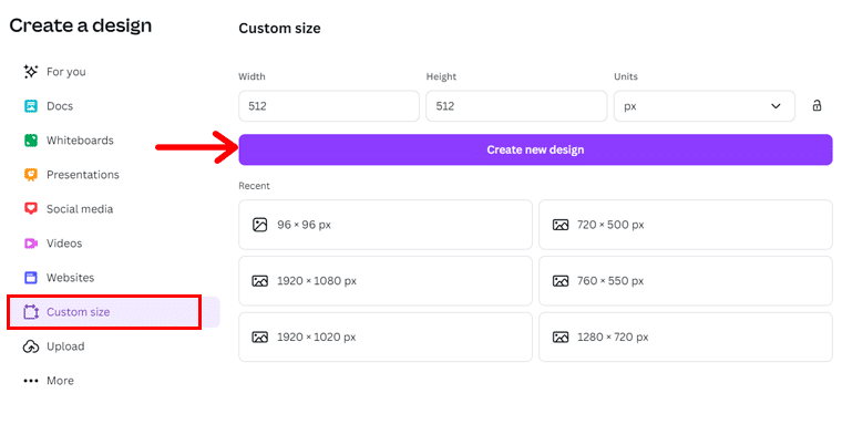 Creați un nou design cu dimensiune personalizată