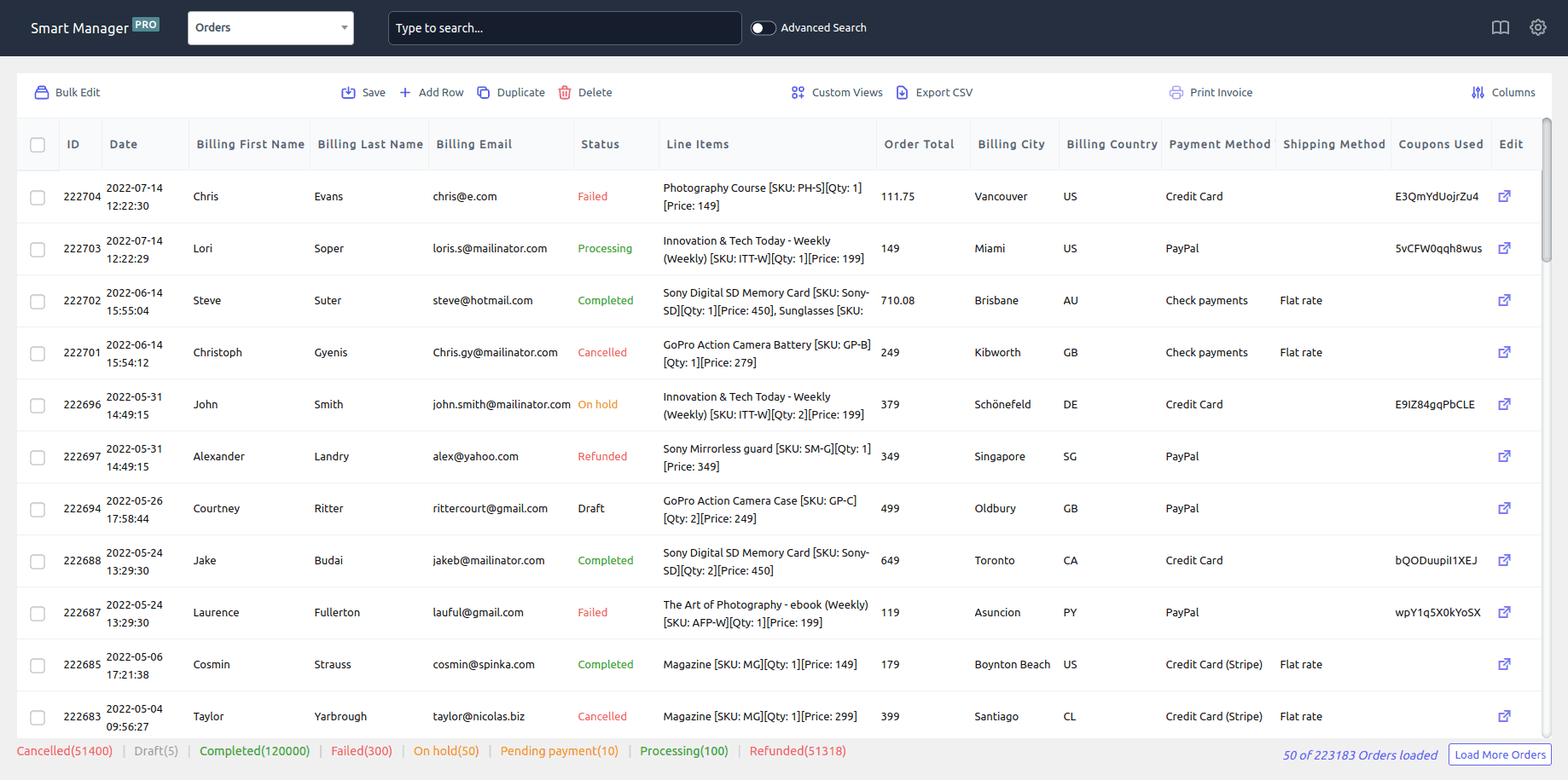 Tableau de bord des commandes Smart Manager