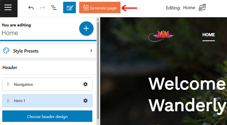 Faceți clic pe AI Generate Page Option