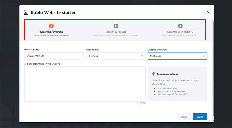 Scorcio del pannello iniziale del sito web Kubio