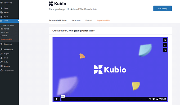 O privire asupra paginii de bun venit pentru Kubio Builder AI Plugin