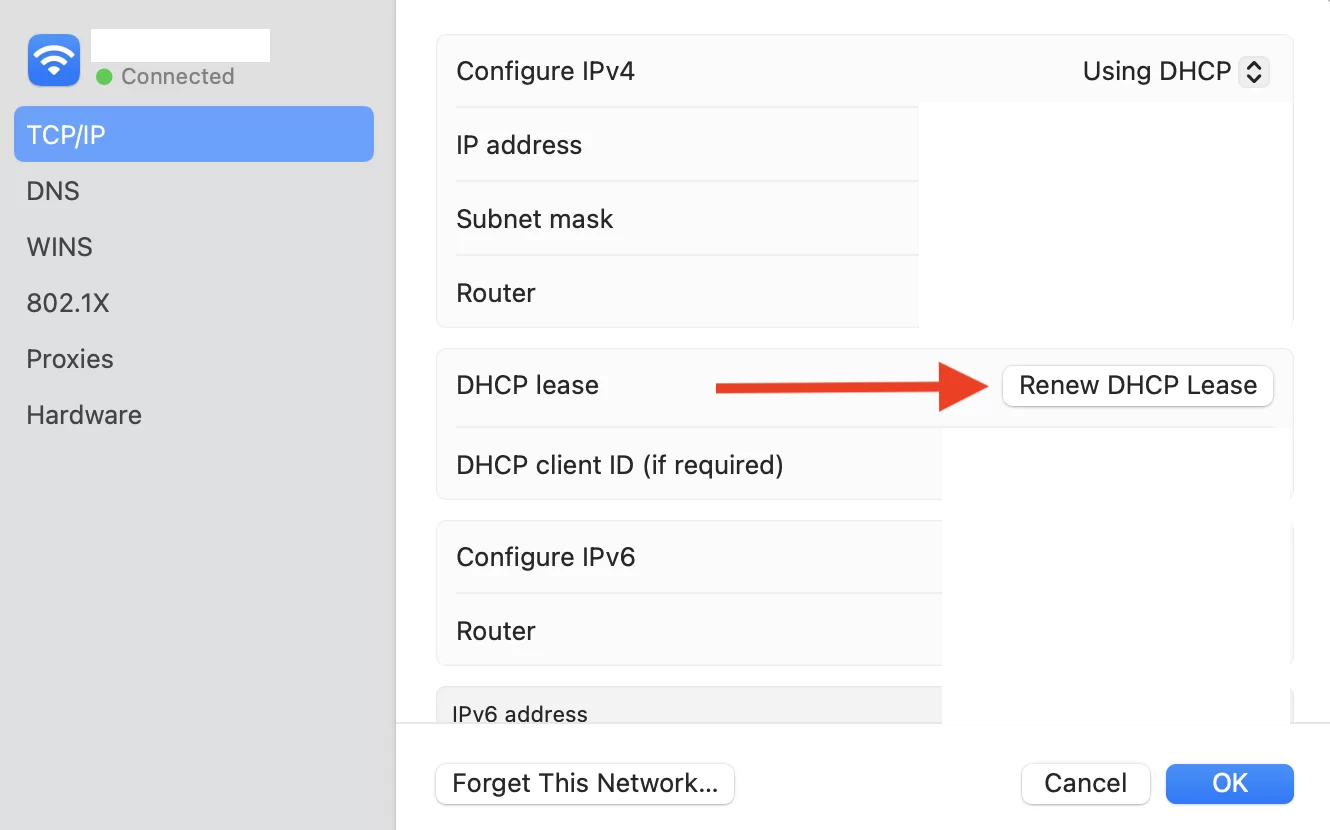 Odnawianie dzierżawy DHCP w systemie MacOS.