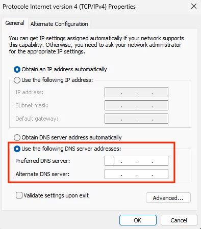 Korzystanie z nowego serwera DNS w systemie Windows.