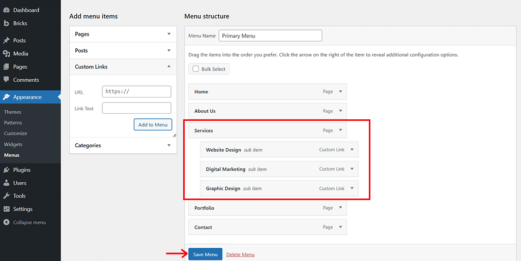 Buat Lebih Banyak Sub Menu & Klik Opsi Simpan Menu