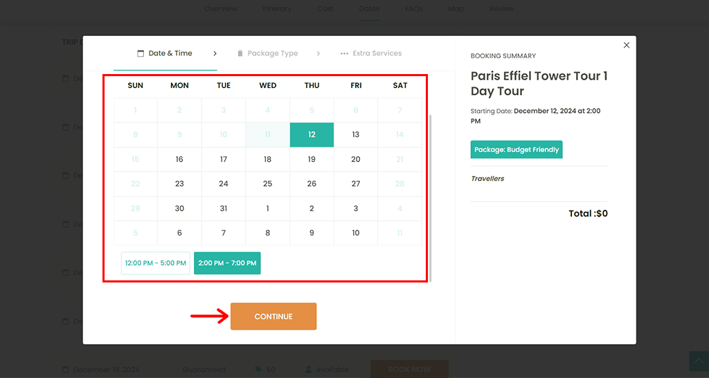 Clientul specifică data și ora și face clic pe Continuare