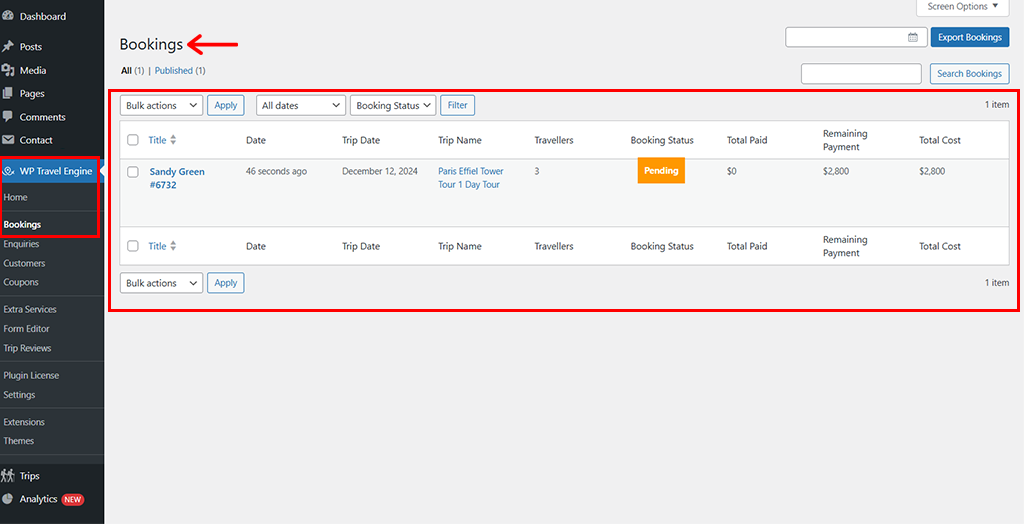 Accesați WP Travel Engine și Rezervări pentru a gestiona rezervările