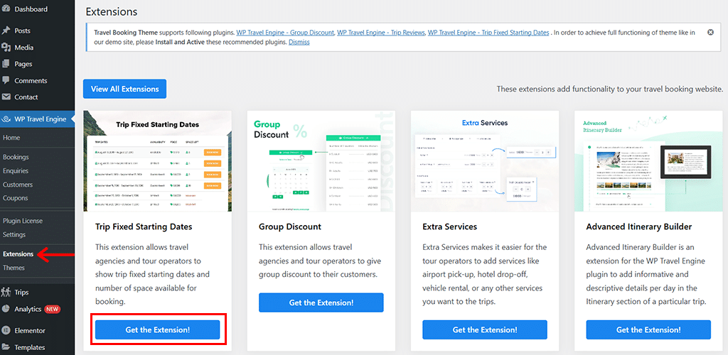 Accesați WP Travel Engine Extensions și faceți clic pe Obțineți extensia