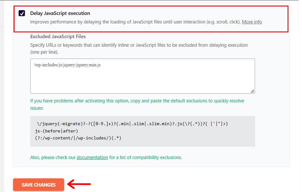 Cochez la case pour retarder l'exécution de JavaScript et cliquez sur Enregistrer les modifications