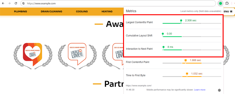 Resultado do Core Web Vital Metrics após WP Rocket Optimization