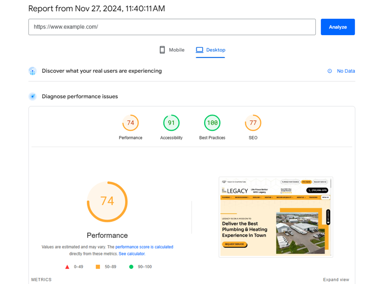 WP Roket Optimizasyonu Öncesi Masaüstü İçin Performans Metrikleri