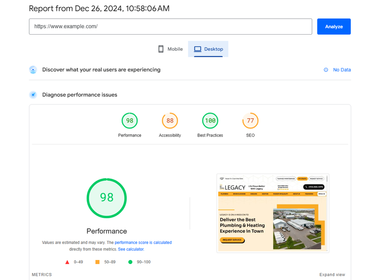 Valori de performanță pentru desktop după optimizarea WP Rocket