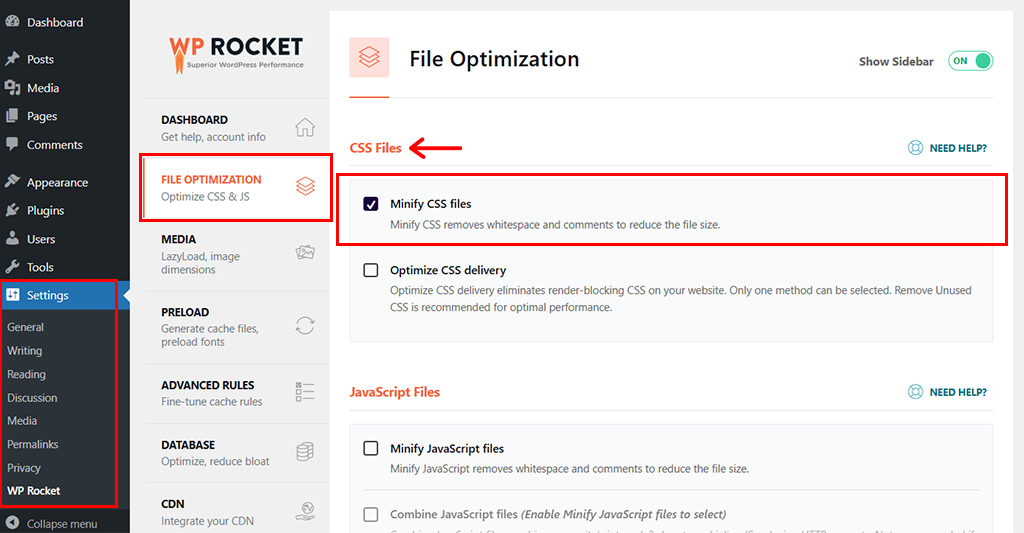 ไปที่การเพิ่มประสิทธิภาพไฟล์ WP Rocket & ทำเครื่องหมายที่ช่องเพื่อย่อขนาดไฟล์ CSS