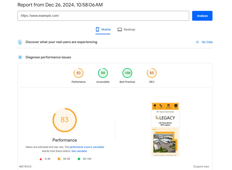 Mesures de performances pour mobile après l'optimisation de WP Rocket