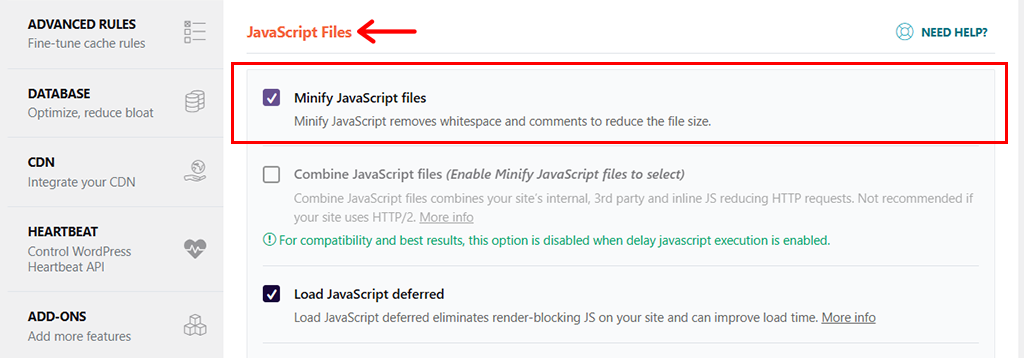 Accédez aux fichiers JavaScript et cochez la case pour réduire les fichiers JavaScript.