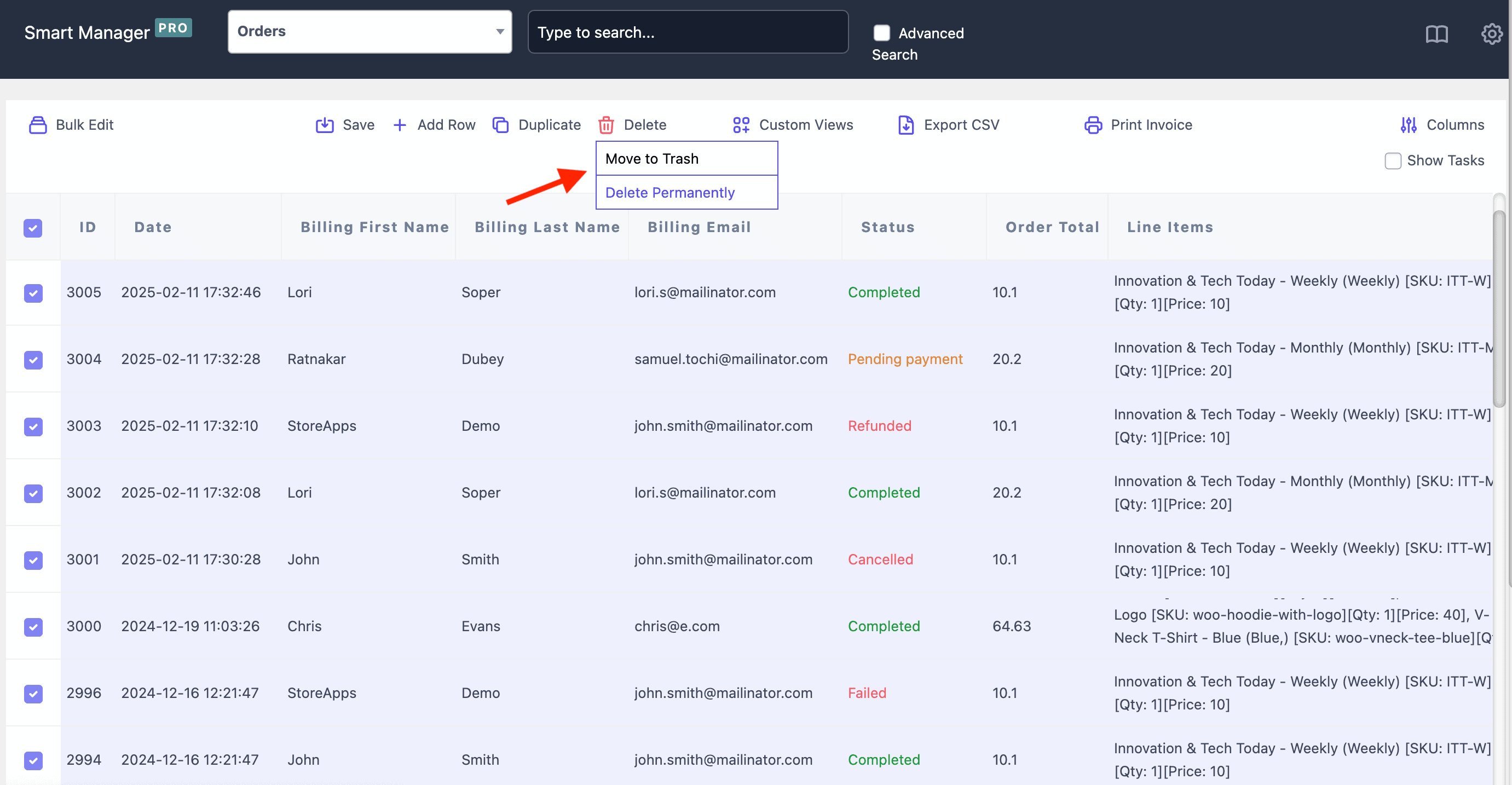 WooCommerce menghapus pesanan