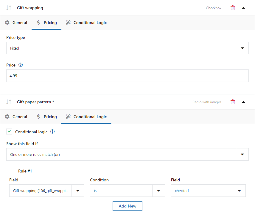 灵活产品字段（WooCommerce产品附加物）中的有条件逻辑和定价 -  WooCommerce产品页面编辑器