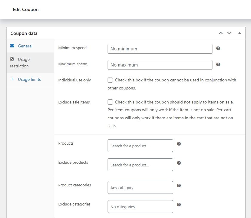 Configuración de cupón de WooCommerce: restricciones de uso