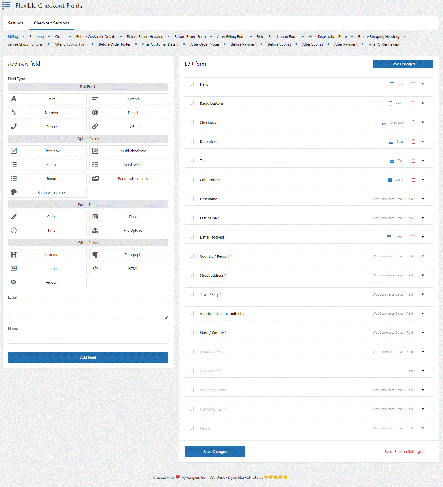 Configuración de campo de Fields Fields flexible en las secciones personalizadas en la página de pago de WooCommerce