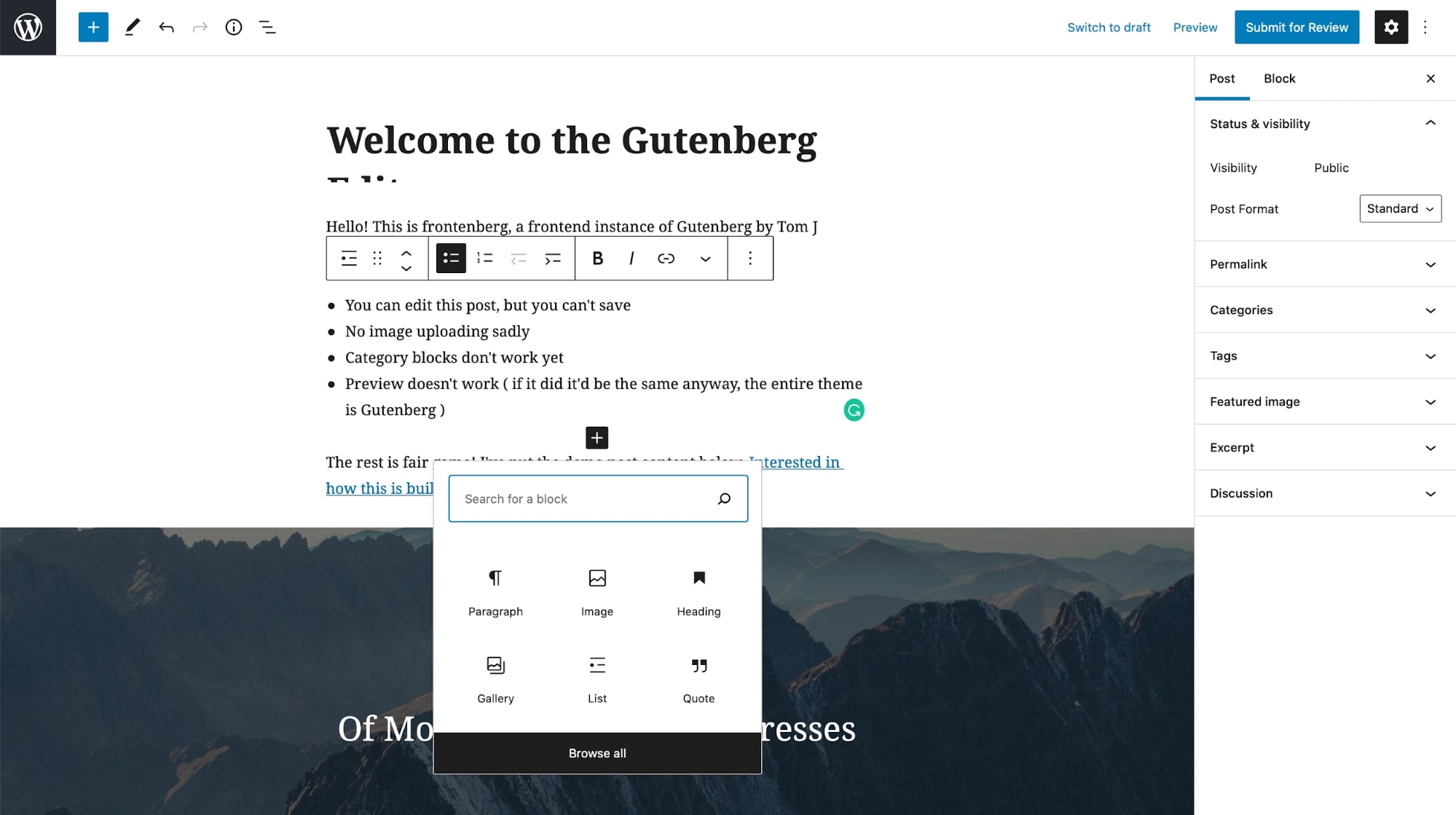 Interfaz del editor de Gutenberg