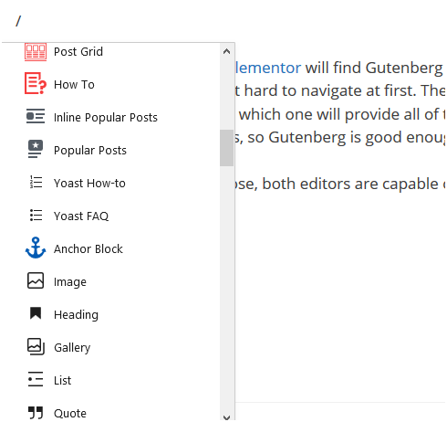 Escriba un comando de barra para ver los bloques disponibles al comparar gutenberg vs elementor