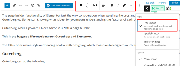 gutenberg vs elementor: las opciones de edición se muestran en la parte superior después de hacer clic en la barra de herramientas superior