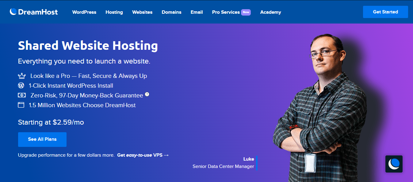 Página de alojamiento de sitios web compartidos de Dreamhost