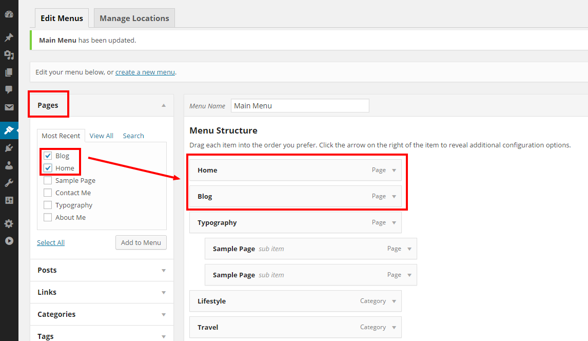 Sección de configuración del menú de WordPress