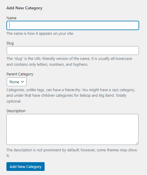 Interfaz de configuración de categorías de WordPress