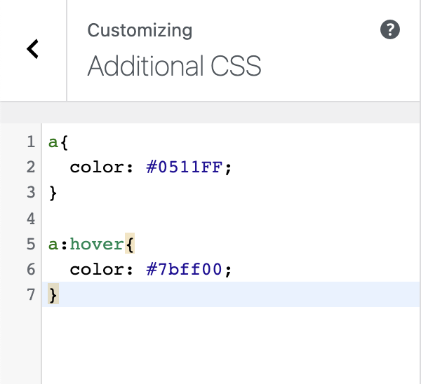 Menambahkan kode hex warna #7bff00 ke tautan hover situs web di alat CSS tambahan WordPress