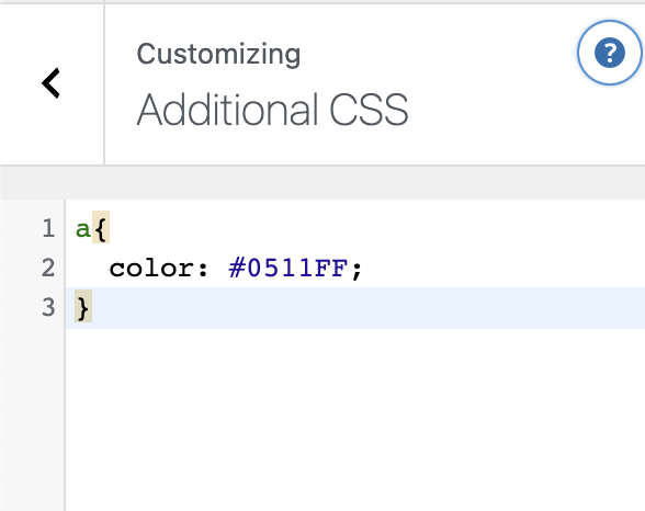 Menambahkan kode hex warna #0511FF ke tautan situs web di alat CSS tambahan WordPress