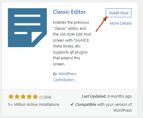 Instalación del complemento del editor clásico en WordPress