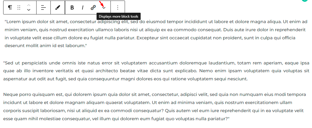 Más botón de herramientas de bloque en el editor de WordPress