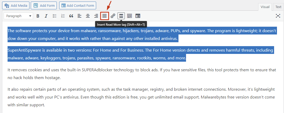 usando el botón de justificación de texto para volver a agregar para justificar el texto en wordpress