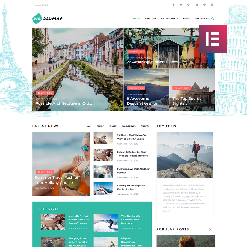 WorldMap - Travel Photo Blog Elementor WordPress Theme