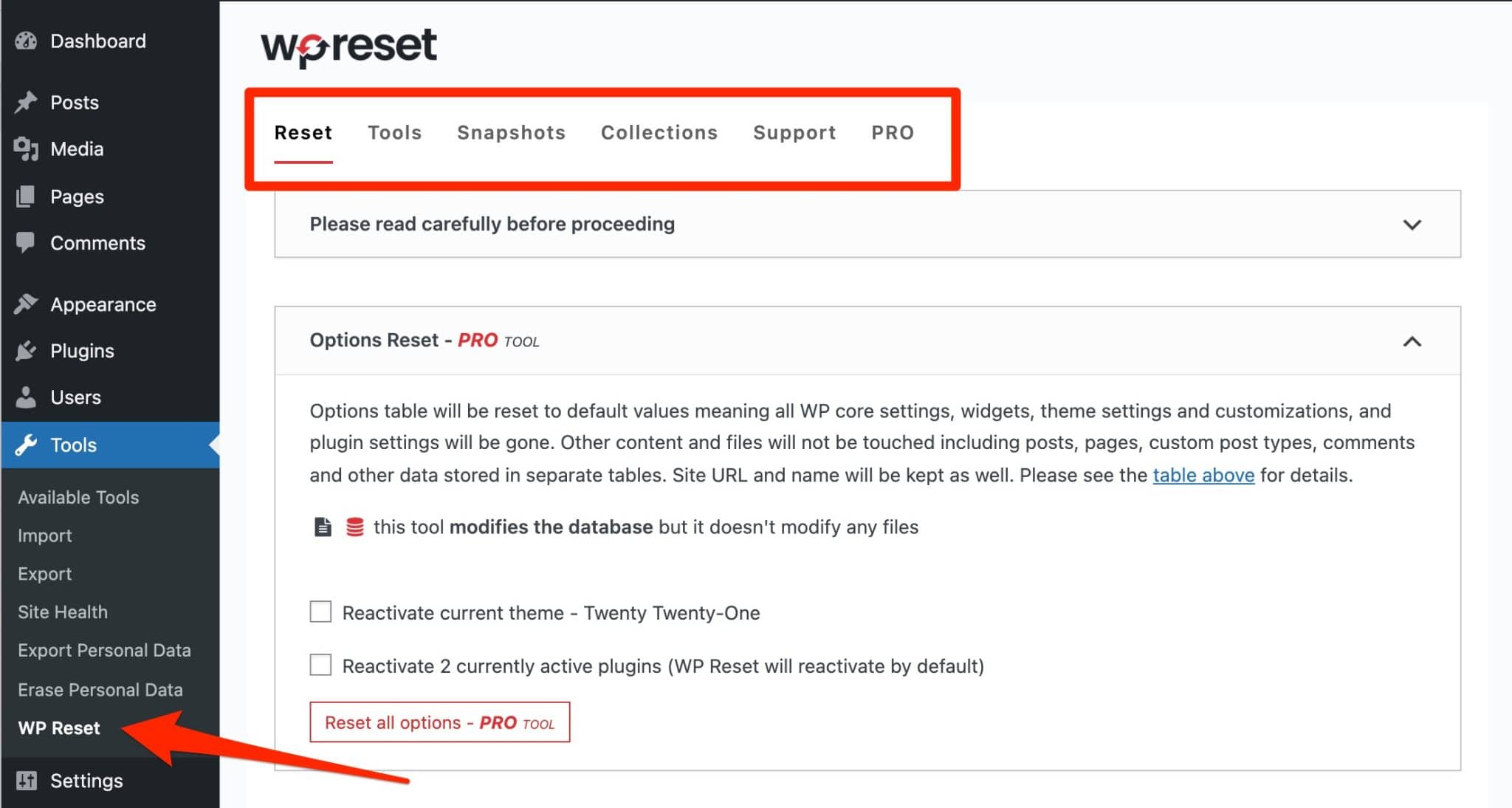 WordPress 管理員上的 WP Reset 插件的設置。