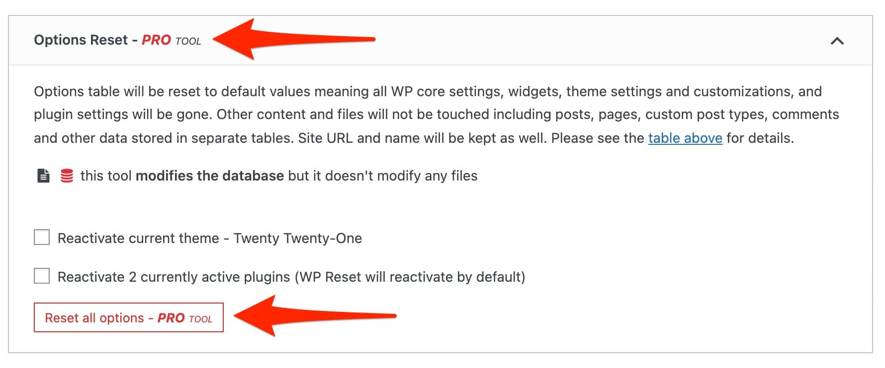 WordPress WP Reset 插件上提到的 PRO TOOL。