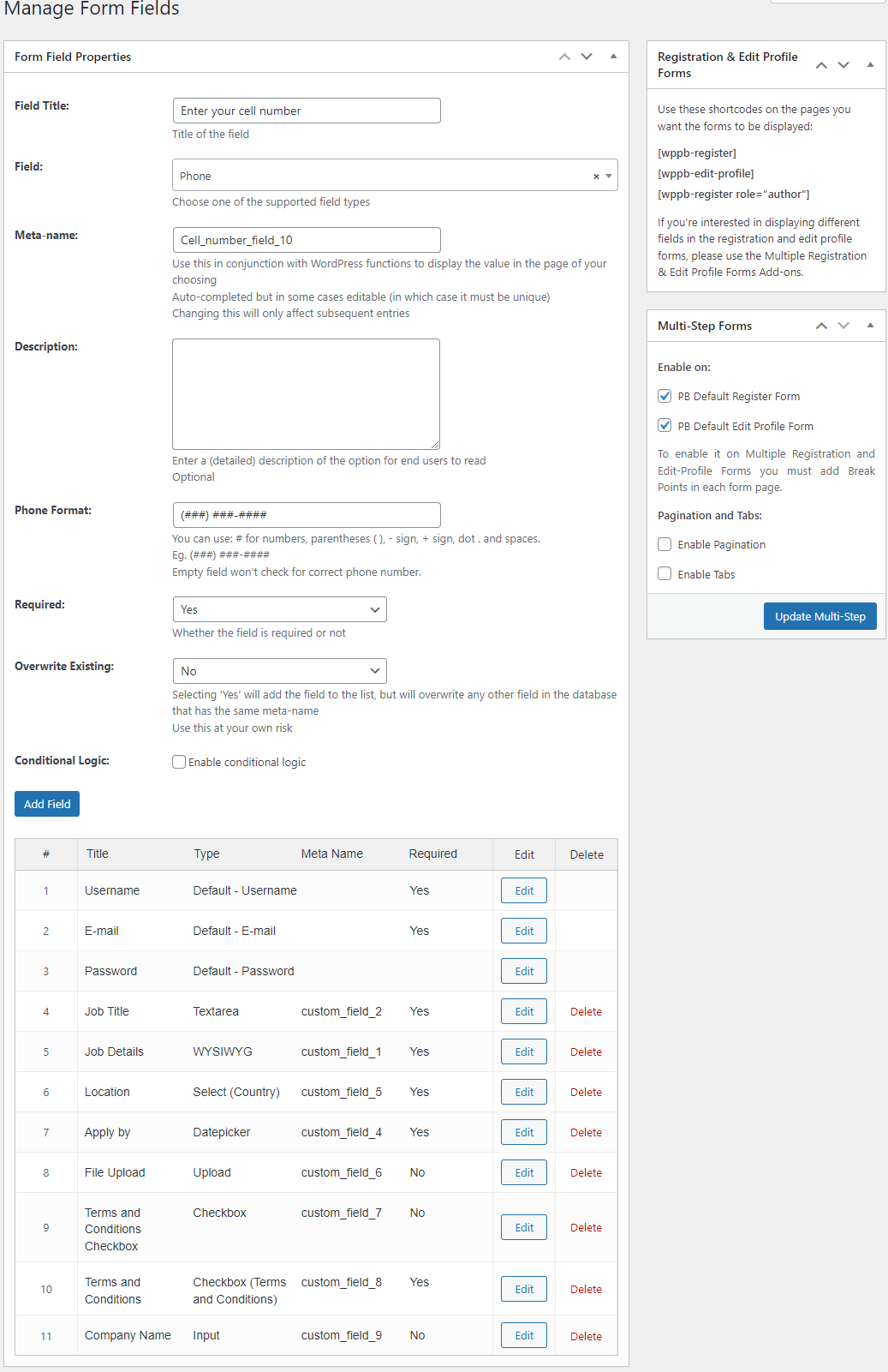 设置 WordPress 活动注册表单字段