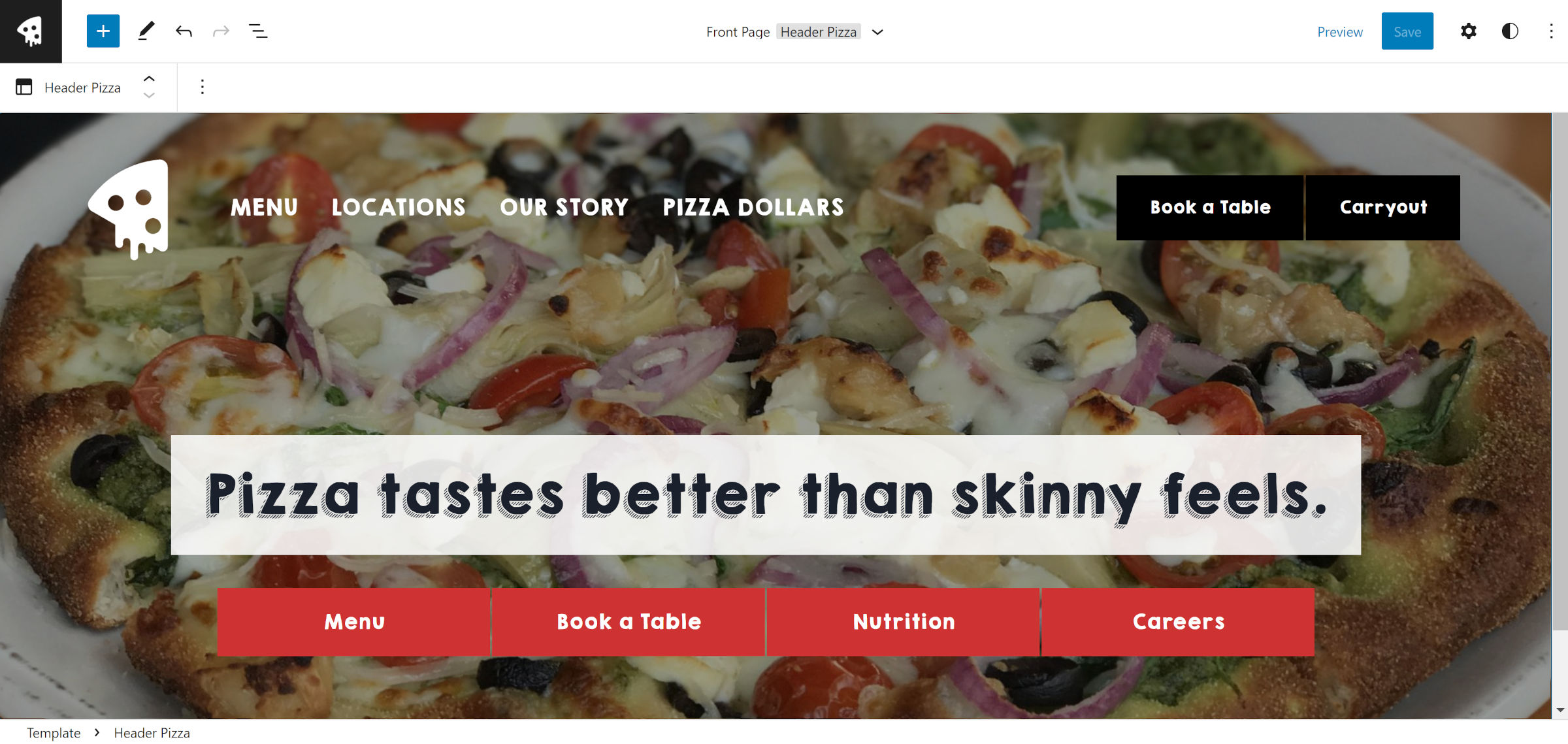 Entête de la pizzeria dans l'éditeur du site. La vue actuelle du modèle d'en-tête est sélectionnée.