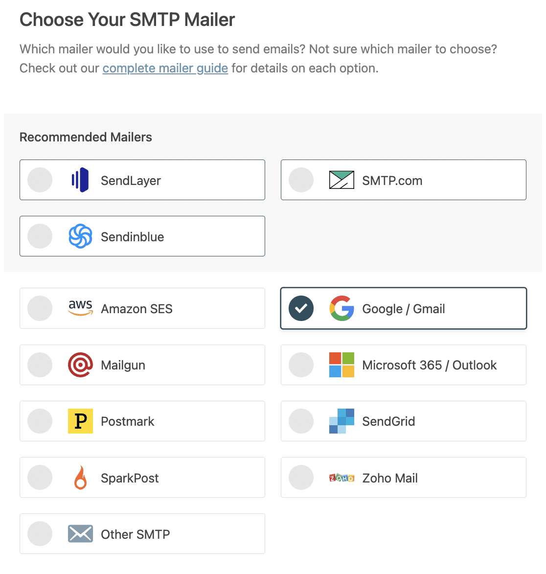 WP Mail SMTP Setup Wizard Choose Mailer