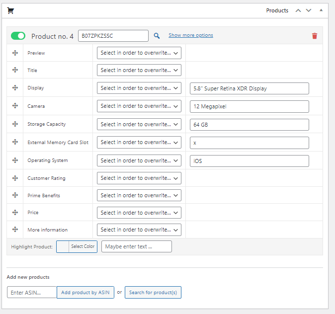 Add product details on table