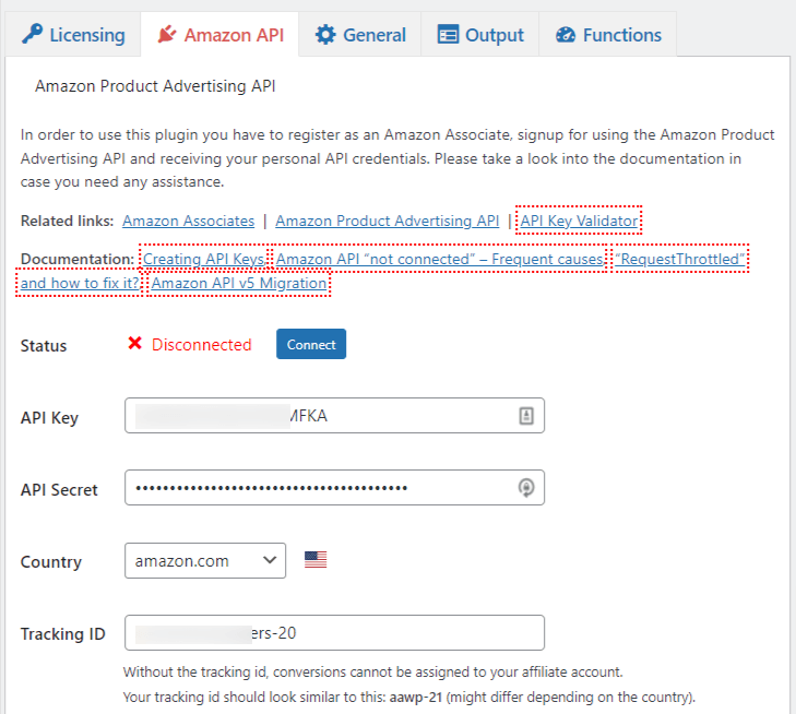 Amazon api keys setting on aawp