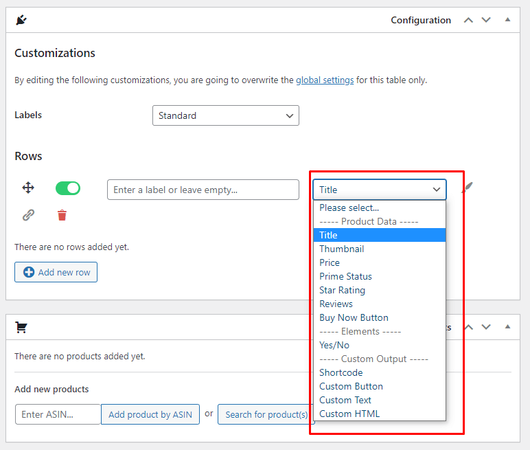 aawp product data for table