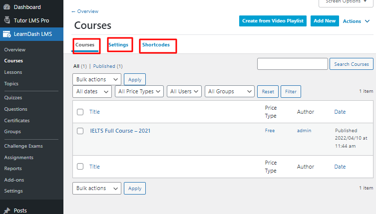 LearnDash backend courses option