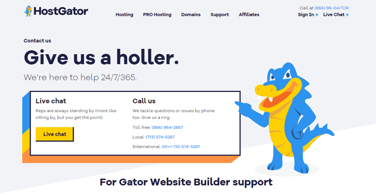 Pagina di contatto dell'assistenza di HostGator